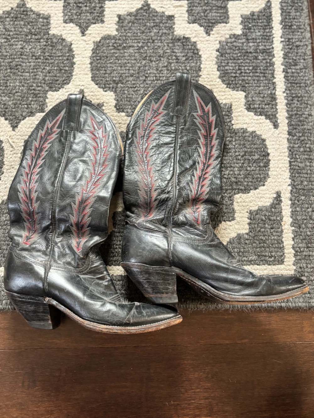Vintage Black Leather Cowboy Boots w/Red Flames